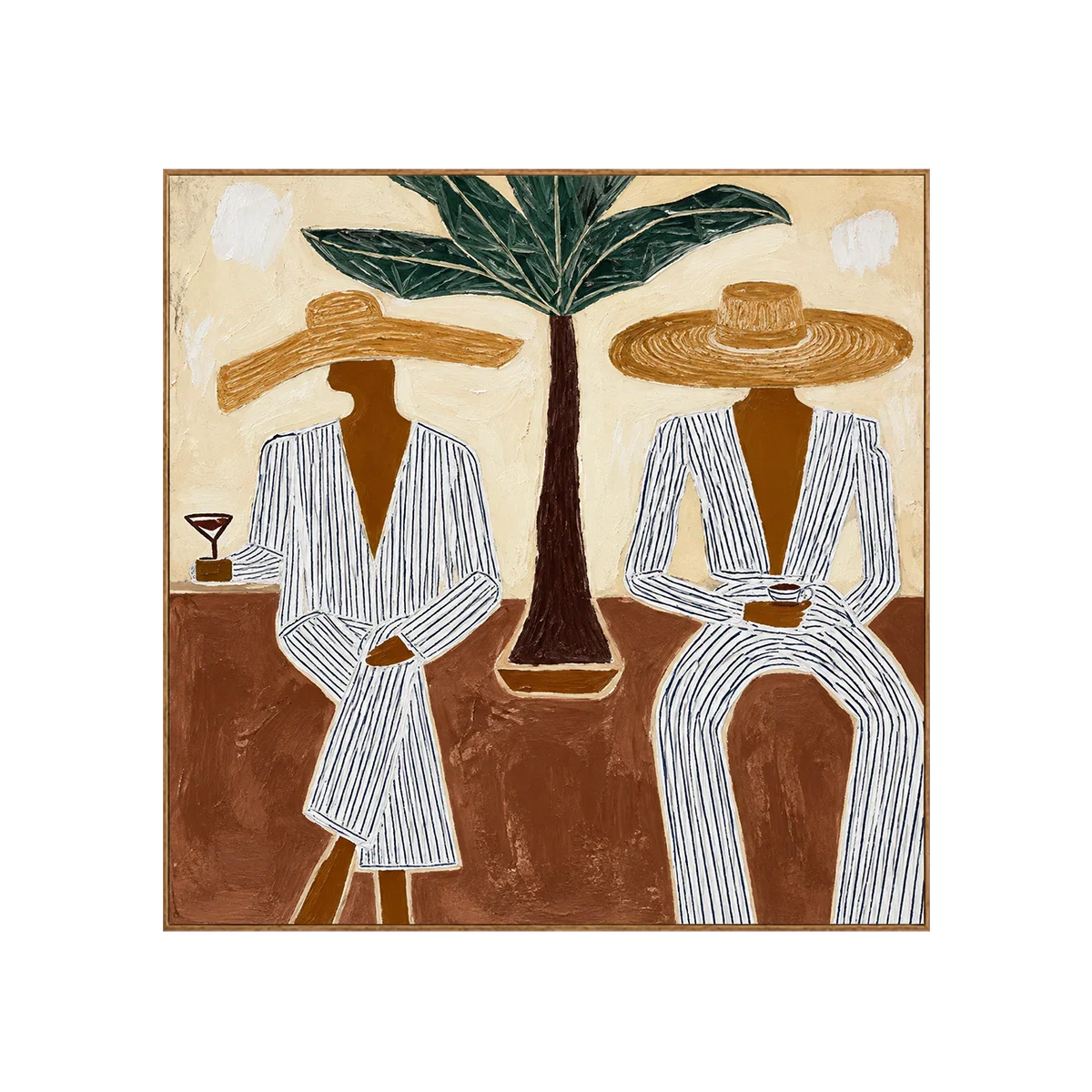 Striped Companions with Straw Hats Beneath Broad Leaves Wall Art | Olyrel