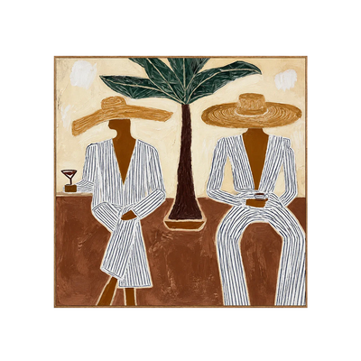 Striped Companions with Straw Hats Beneath Broad Leaves Wall Art | Olyrel