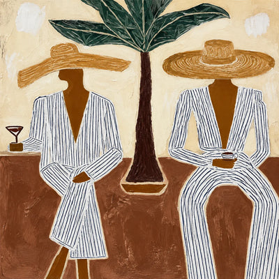 Striped Companions with Straw Hats Beneath Broad Leaves Wall Art artwork view | Olyrel