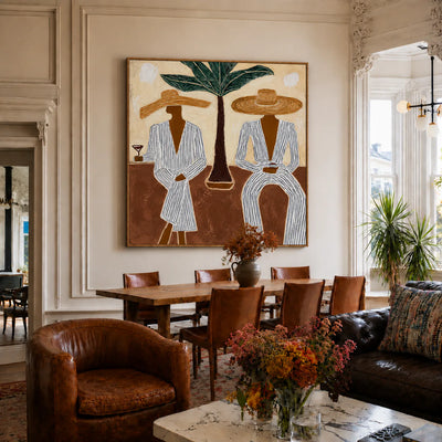 Striped Companions with Straw Hats Beneath Broad Leaves Wall Art styled interior scene 1 | Olyrel