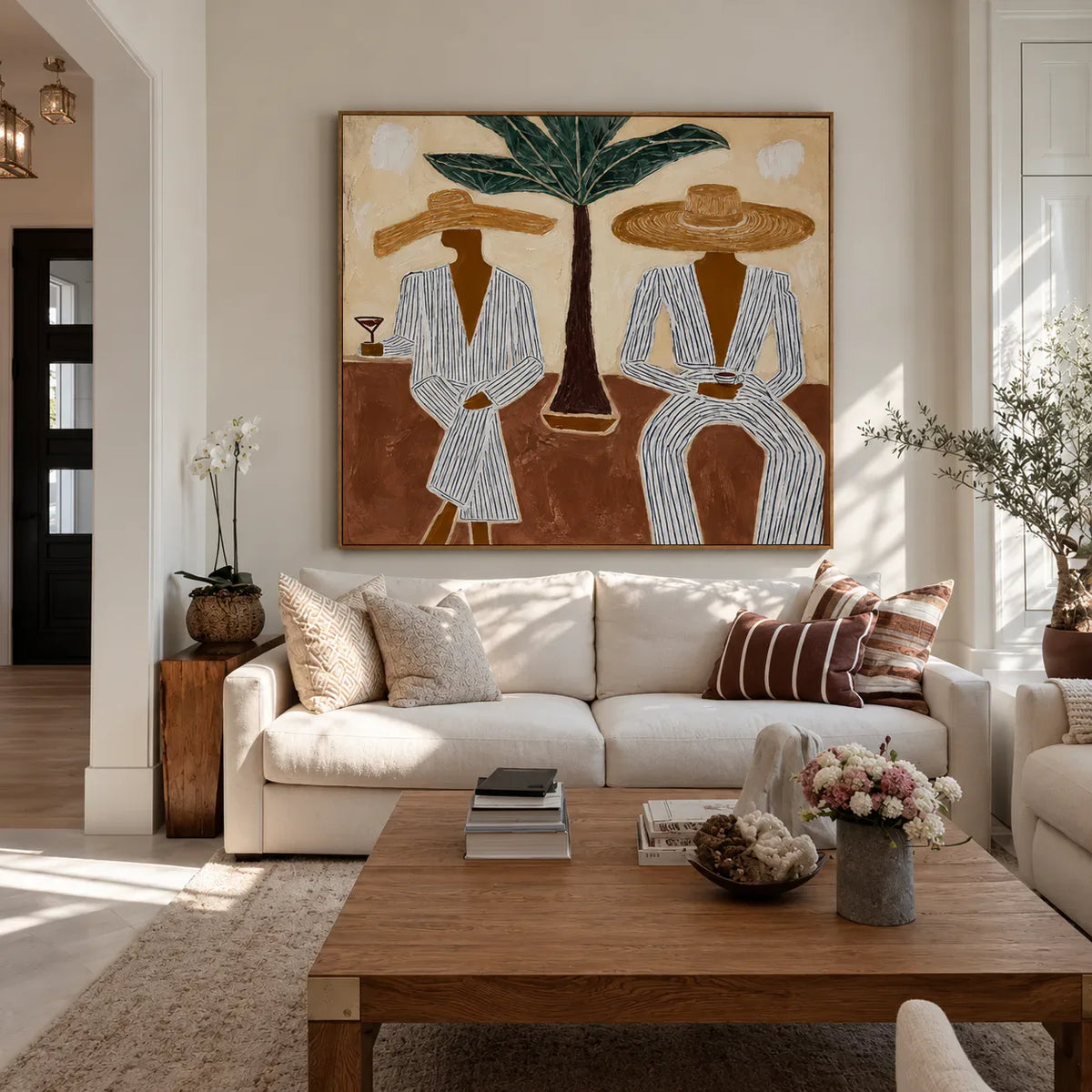 Striped Companions with Straw Hats Beneath Broad Leaves Wall Art styled interior scene 2 | Olyrel