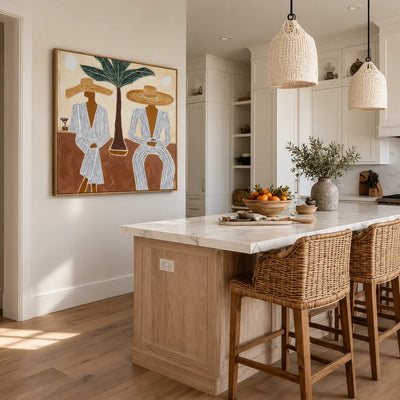 Striped Companions with Straw Hats Beneath Broad Leaves Wall Art styled interior scene 3 | Olyrel