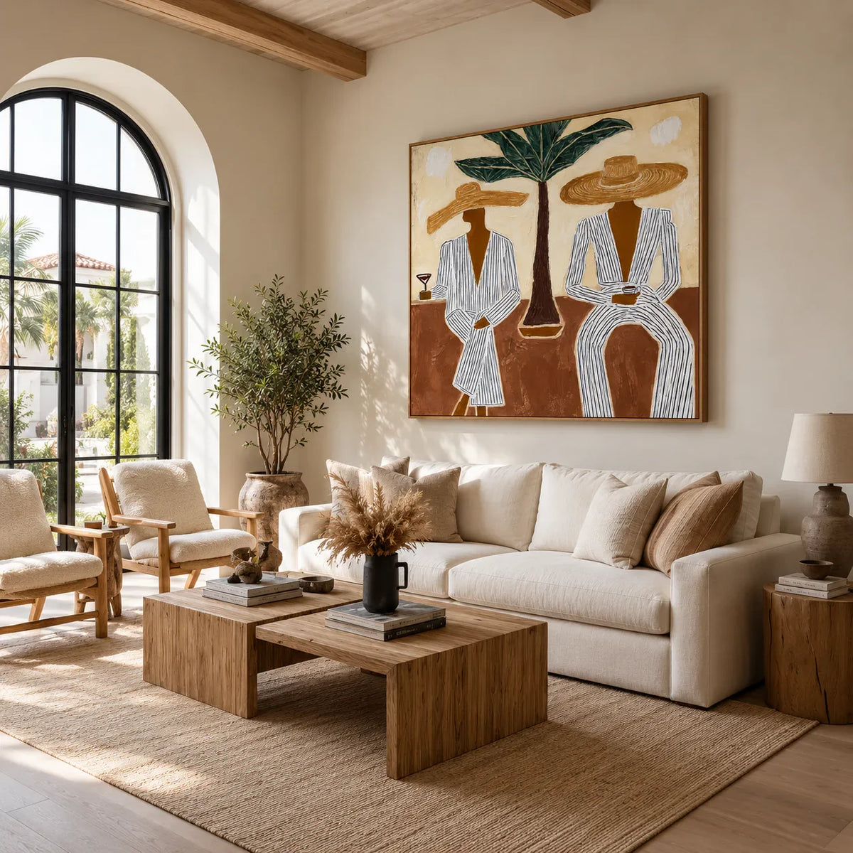 Striped Companions with Straw Hats Beneath Broad Leaves Wall Art styled interior scene 4 | Olyrel