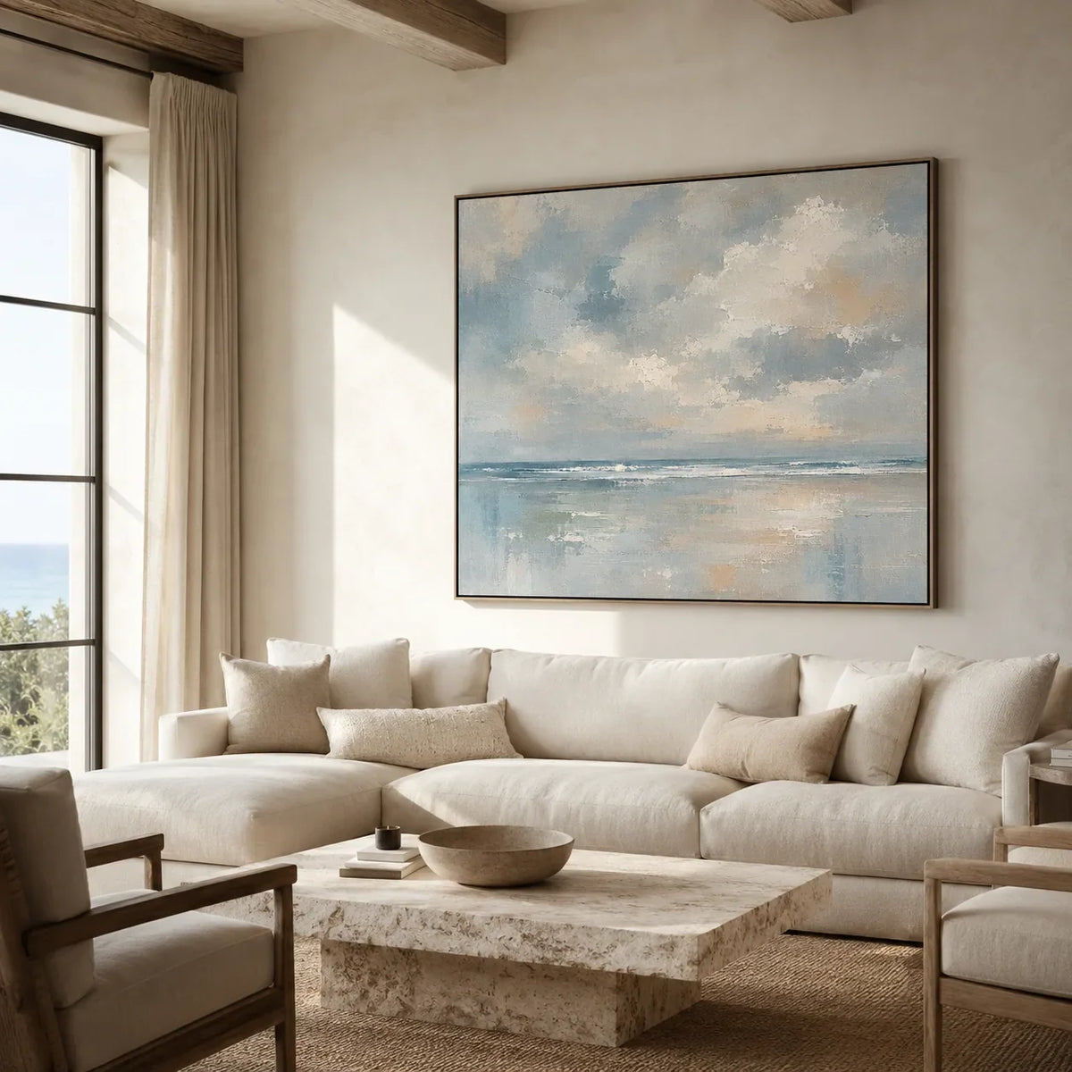 Cloudbreak Horizon Coastal Wall Art styled in a modern living room | Olyrel
