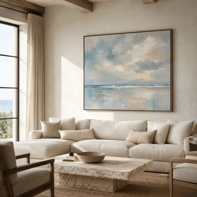 Cloudbreak Horizon Coastal Wall Art styled in a modern living room | Olyrel