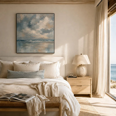 Cloudbreak Horizon Coastal Wall Art shown in a calm bedroom setting | Olyrel