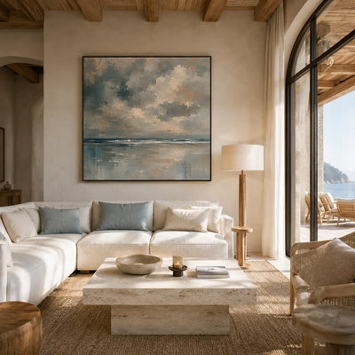 Cloudbreak Horizon Coastal Wall Art styled in a contemporary entryway | Olyrel