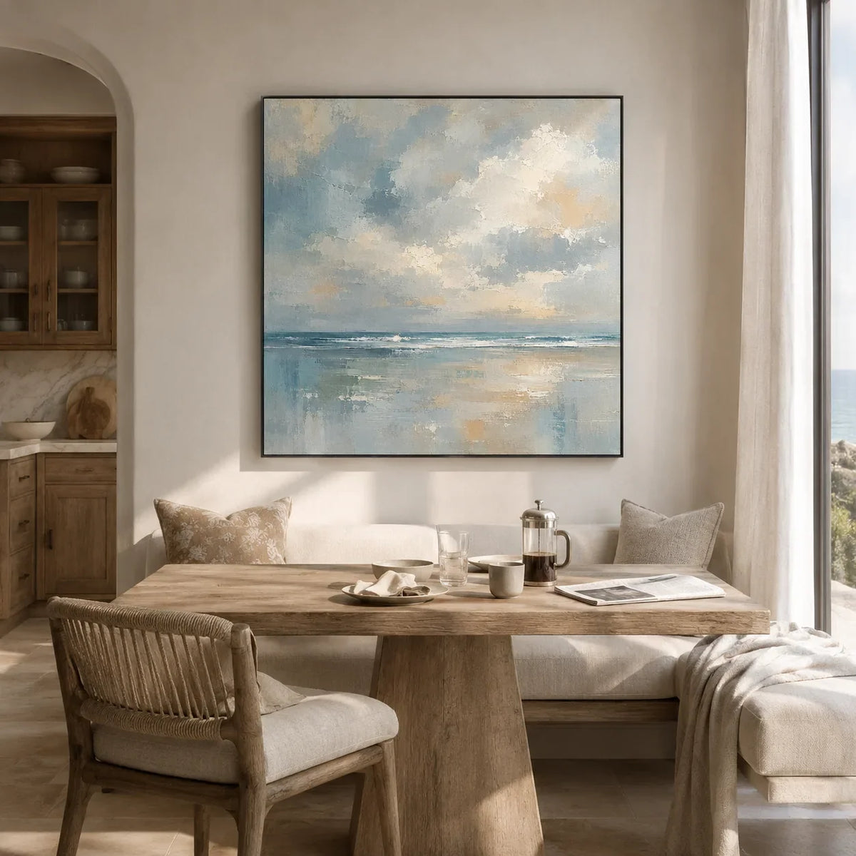 Cloudbreak Horizon Coastal Wall Art displayed in a bright dining room | Olyrel
