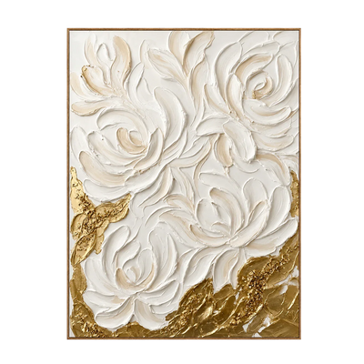 Sculpted White Roses over Golden Textures Wall Art | Olyrel