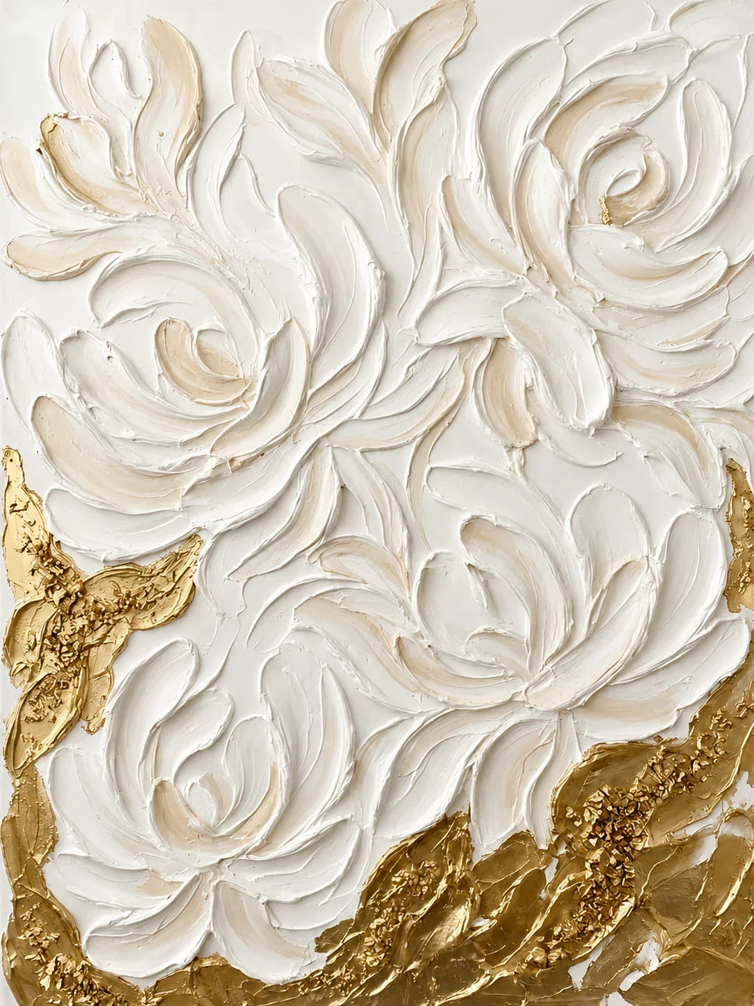 Sculpted White Roses over Golden Textures Wall Art artwork view | Olyrel