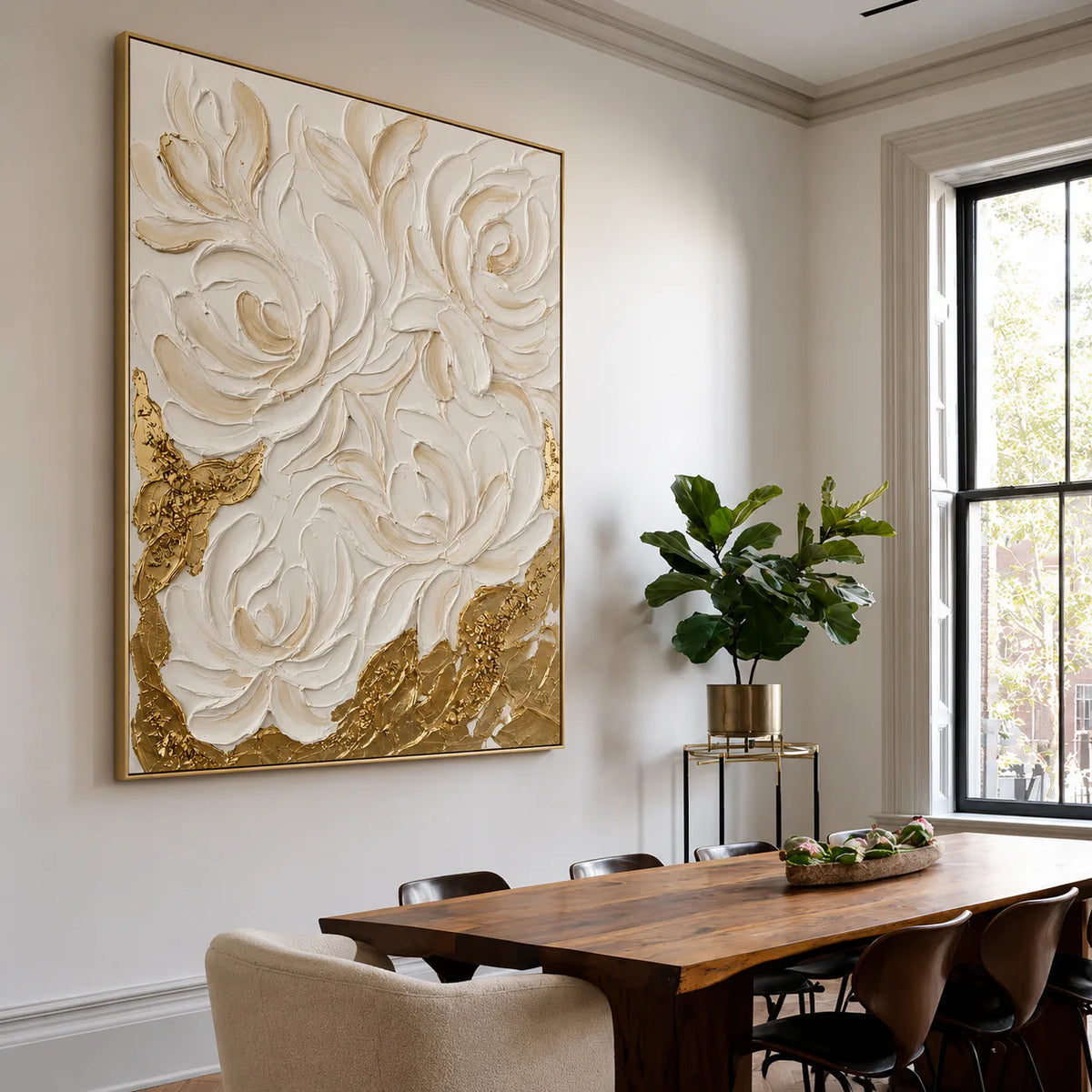 Sculpted White Roses over Golden Textures Wall Art styled interior scene 1 | Olyrel