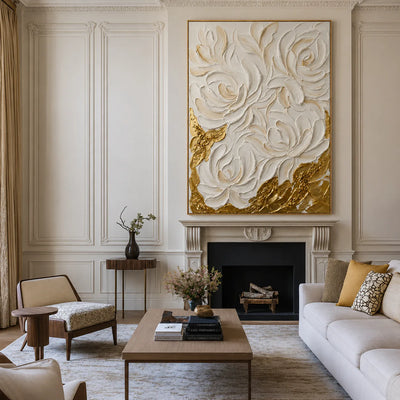 Sculpted White Roses over Golden Textures Wall Art styled interior scene 2 | Olyrel