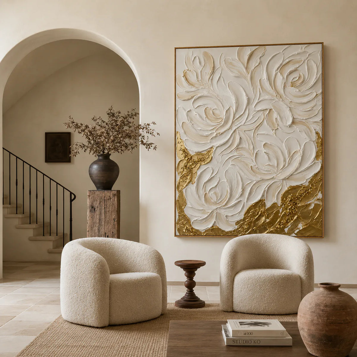 Sculpted White Roses over Golden Textures Wall Art styled interior scene 4 | Olyrel
