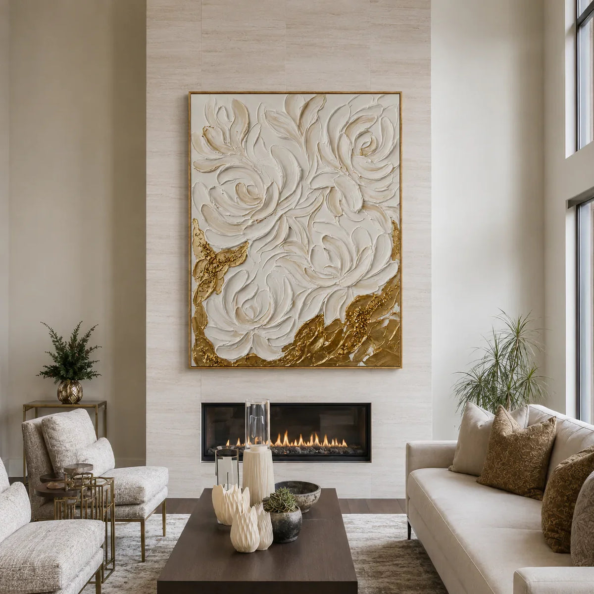 Sculpted White Roses over Golden Textures Wall Art styled interior scene 5 | Olyrel