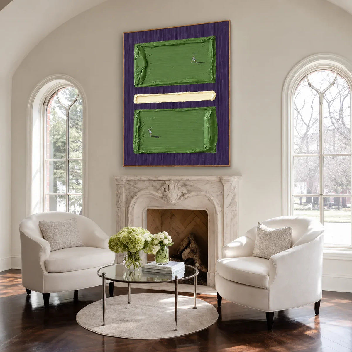 Tiny Tennis Players on Green and Violet Wall Art styled interior scene 1 | Olyrel