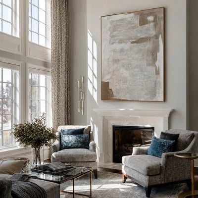 Chalk White Layers over Taupe Abstract Wall Art styled interior scene 2 | Olyrel