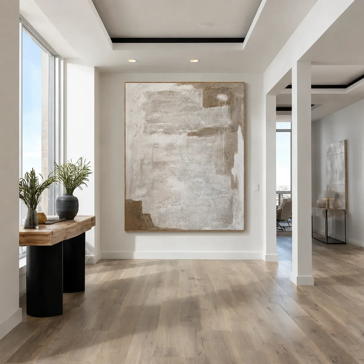 Chalk White Layers over Taupe Abstract Wall Art styled interior scene 3 | Olyrel
