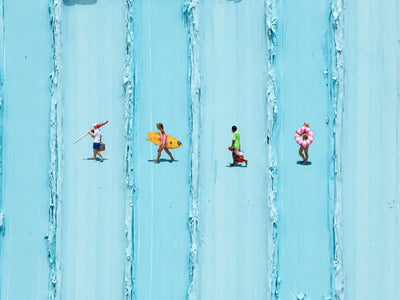 Four Beachgoers across Turquoise Stripes Wall Art artwork view | Olyrel