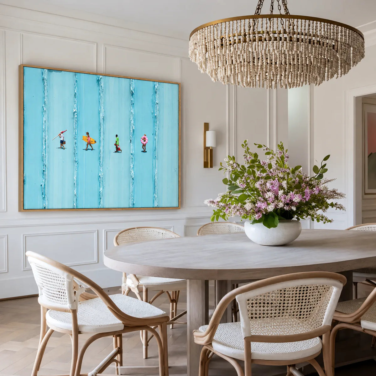 Four Beachgoers across Turquoise Stripes Wall Art styled interior scene 1 | Olyrel