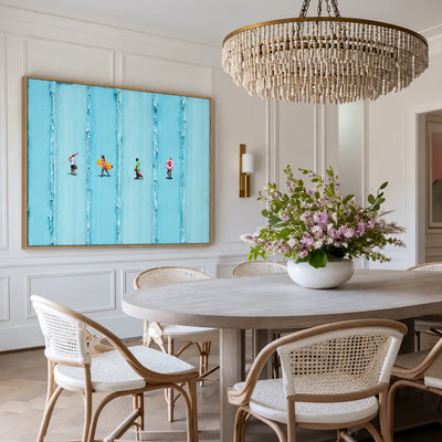 Four Beachgoers across Turquoise Stripes Wall Art styled interior scene 1 | Olyrel