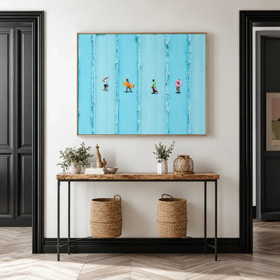 Four Beachgoers across Turquoise Stripes Wall Art styled interior scene 2 | Olyrel