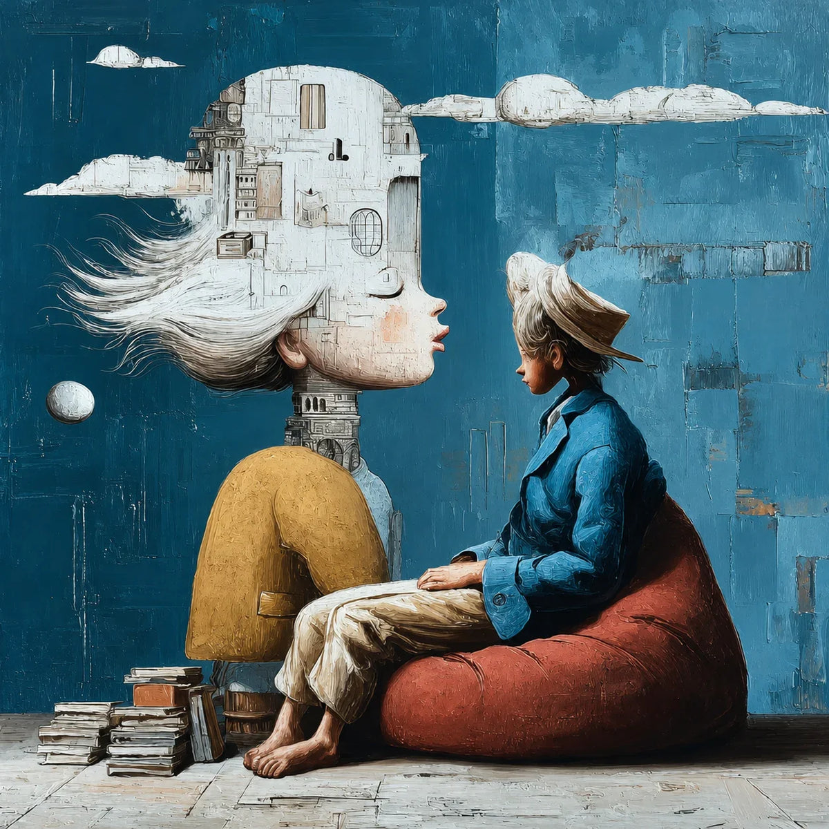 White City Dreamer and Seated Figure on Teal Wall Art artwork view | Olyrel