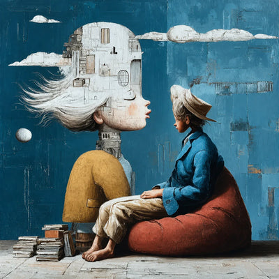 White City Dreamer and Seated Figure on Teal Wall Art artwork view | Olyrel