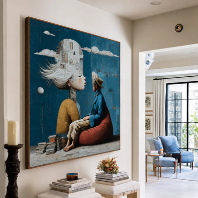White City Dreamer and Seated Figure on Teal Wall Art styled interior scene 1 | Olyrel