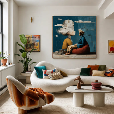White City Dreamer and Seated Figure on Teal Wall Art styled interior scene 4 | Olyrel