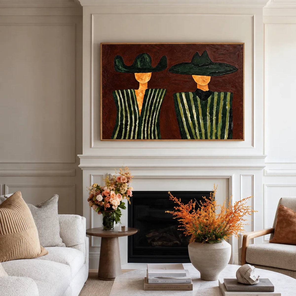 Green Striped Western Pair on Rust Brown Wall Art styled interior scene 2 | Olyrel