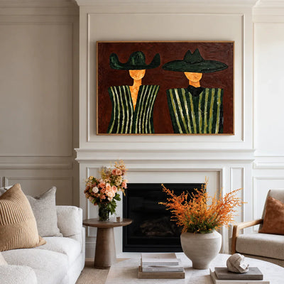 Green Striped Western Pair on Rust Brown Wall Art styled interior scene 2 | Olyrel