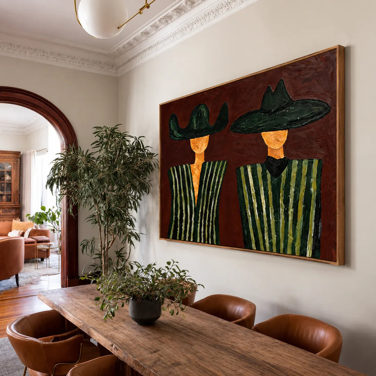 Green Striped Western Pair on Rust Brown Wall Art styled interior scene 4 | Olyrel