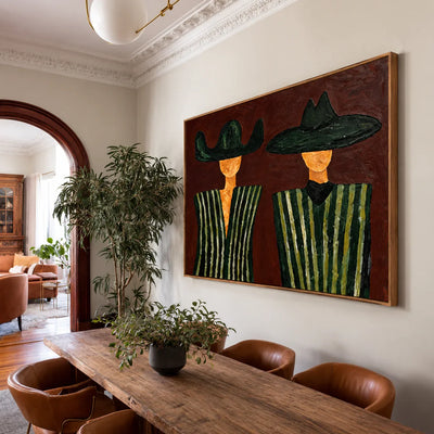 Green Striped Western Pair on Rust Brown Wall Art styled interior scene 4 | Olyrel