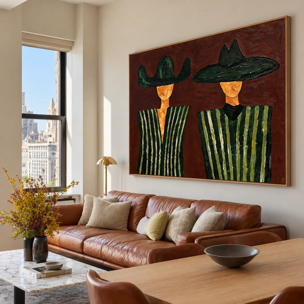 Green Striped Western Pair on Rust Brown Wall Art styled interior scene 5 | Olyrel
