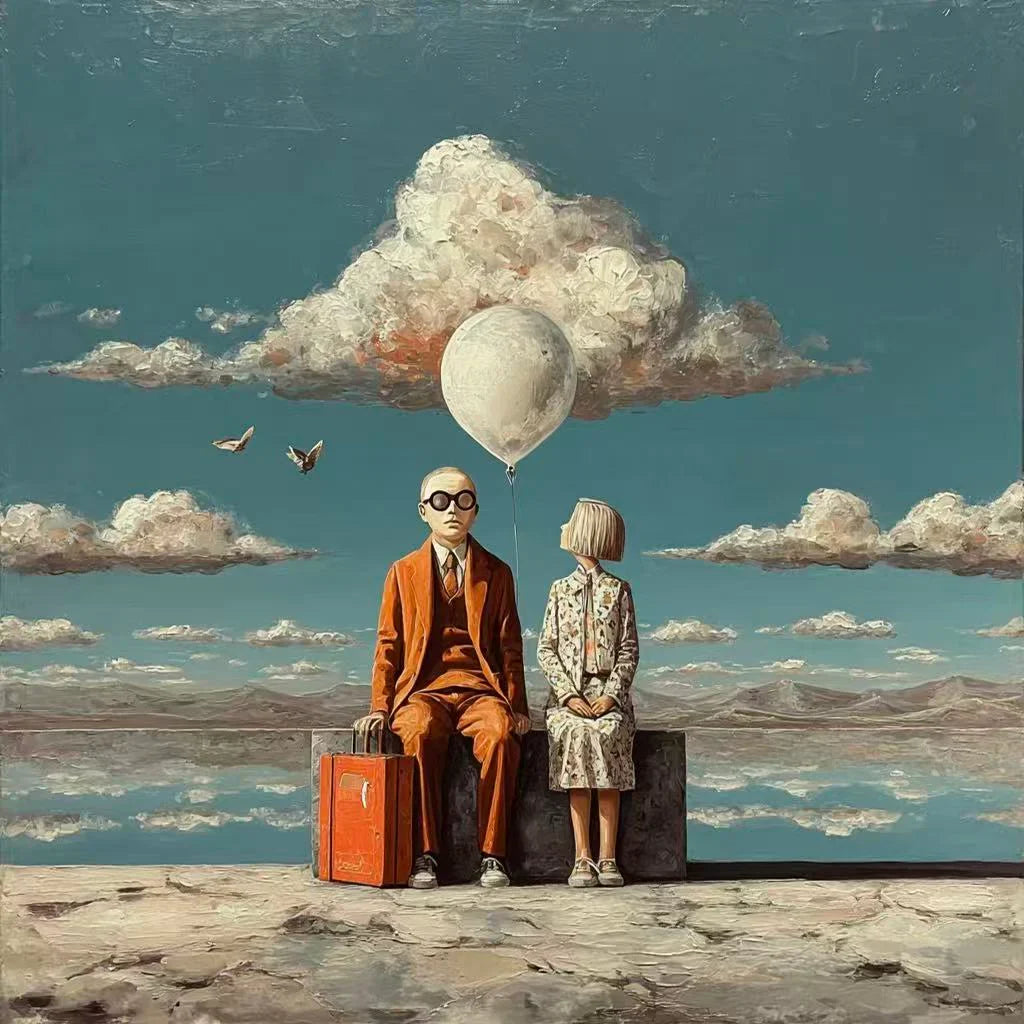 Travelers beneath a White Balloon and Cloud Wall Art artwork view | Olyrel
