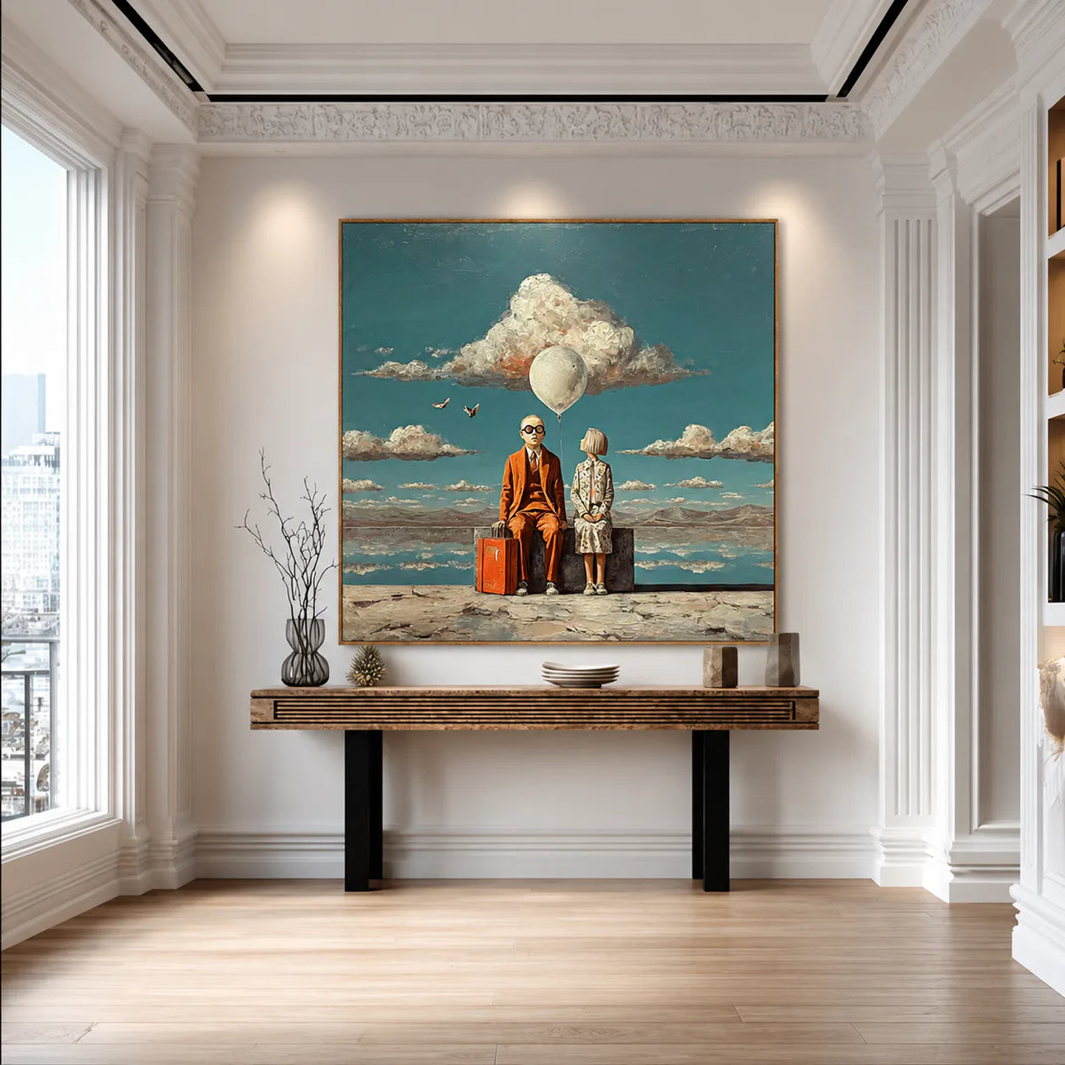 Travelers beneath a White Balloon and Cloud Wall Art styled interior scene 1 | Olyrel