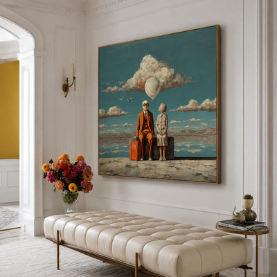Travelers beneath a White Balloon and Cloud Wall Art styled interior scene 2 | Olyrel