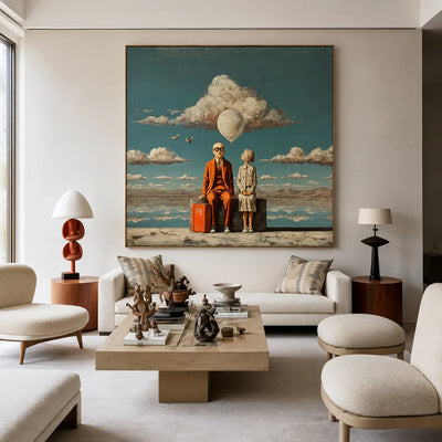 Travelers beneath a White Balloon and Cloud Wall Art styled interior scene 3 | Olyrel