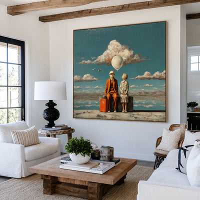 Travelers beneath a White Balloon and Cloud Wall Art styled interior scene 4 | Olyrel