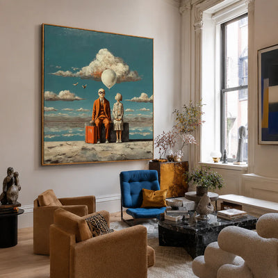 Travelers beneath a White Balloon and Cloud Wall Art styled interior scene 5 | Olyrel