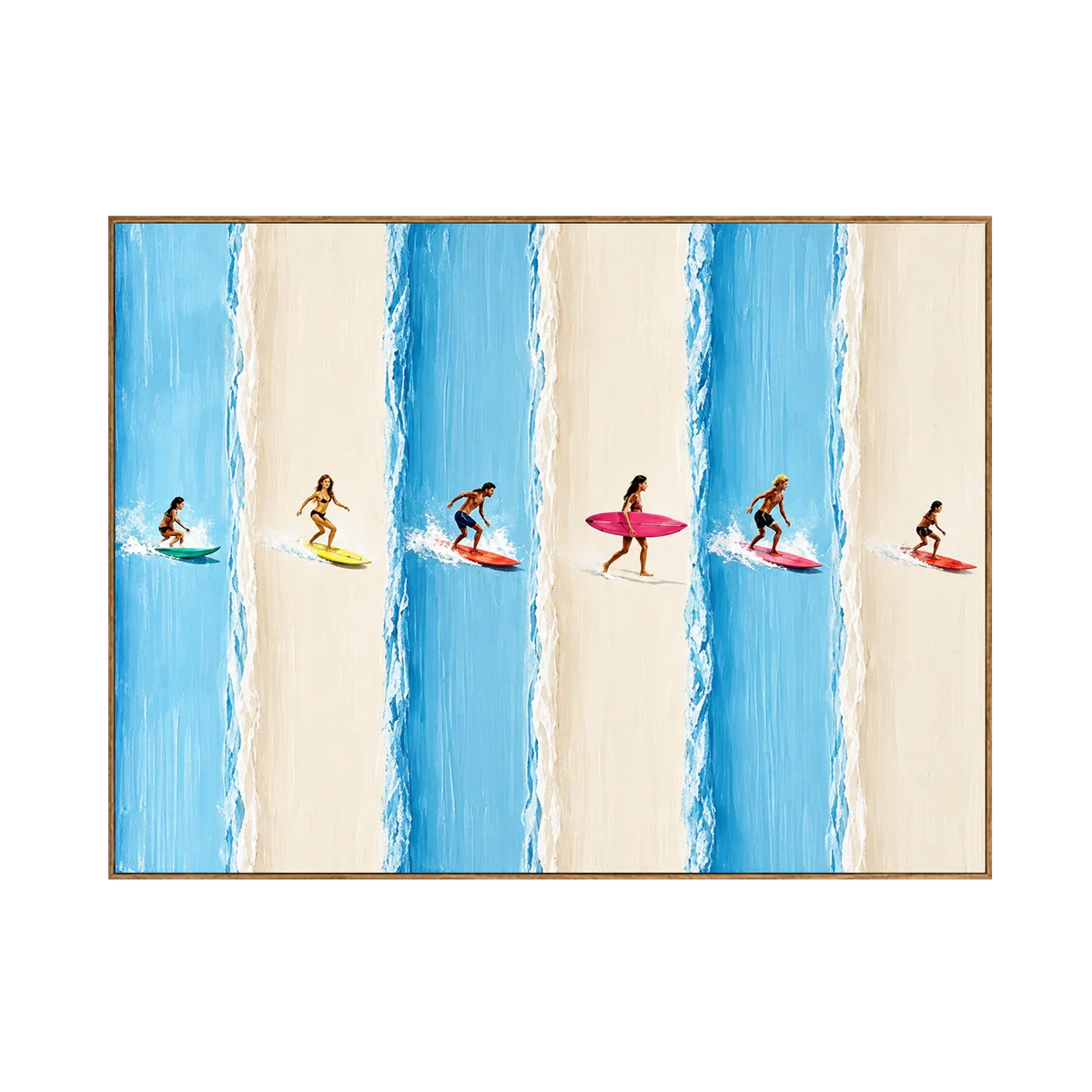 Six Surfers across Blue and Cream Stripes Wall Art | Olyrel