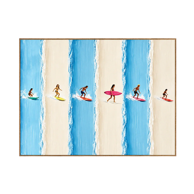 Six Surfers across Blue and Cream Stripes Wall Art | Olyrel