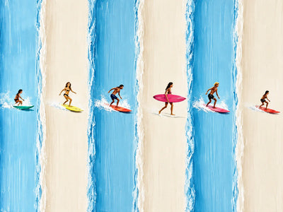 Six Surfers across Blue and Cream Stripes Wall Art artwork view | Olyrel