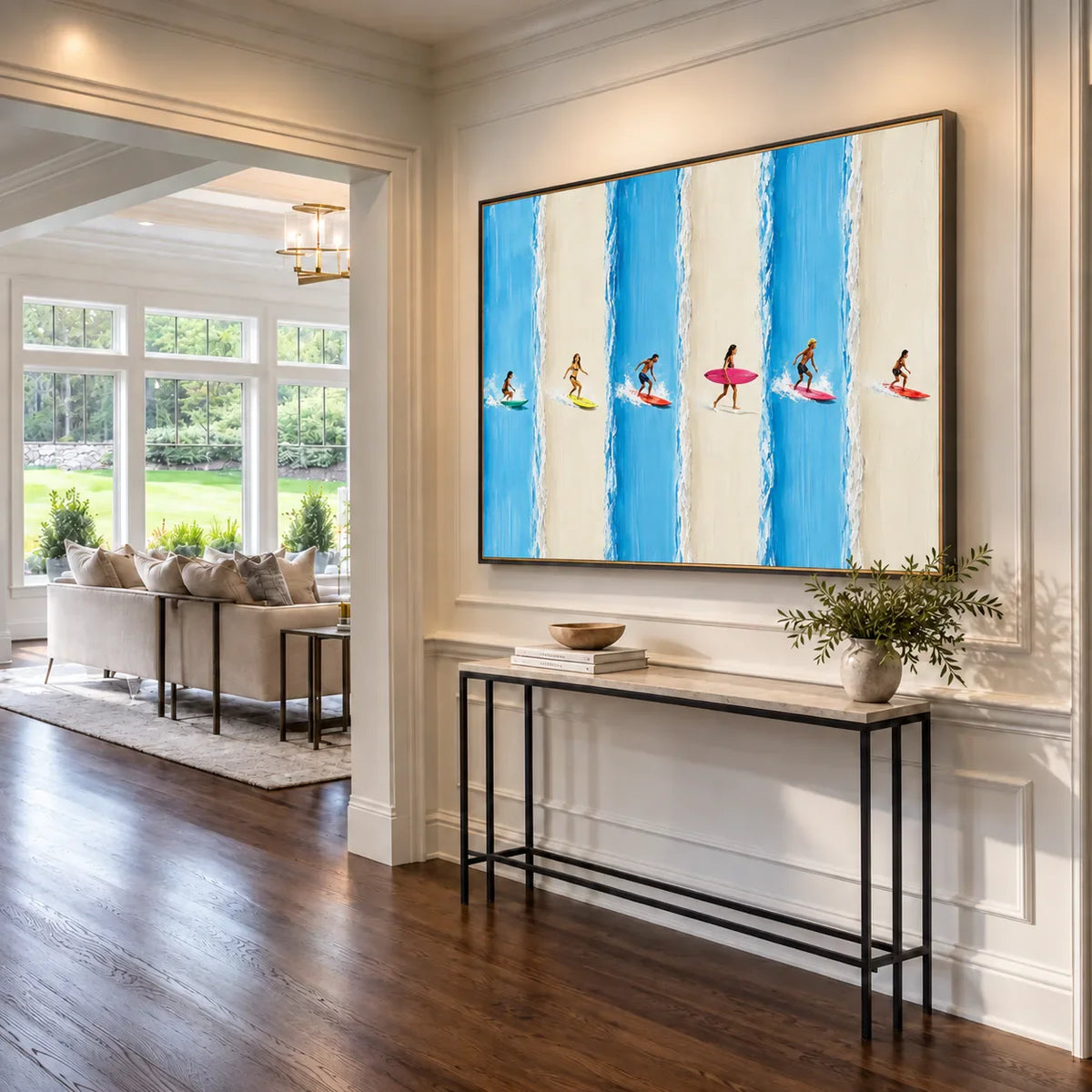 Six Surfers across Blue and Cream Stripes Wall Art styled interior scene 3 | Olyrel