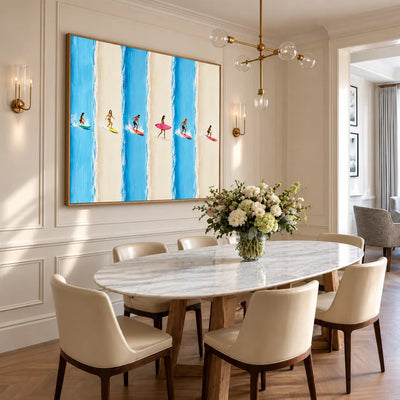 Six Surfers across Blue and Cream Stripes Wall Art styled interior scene 4 | Olyrel