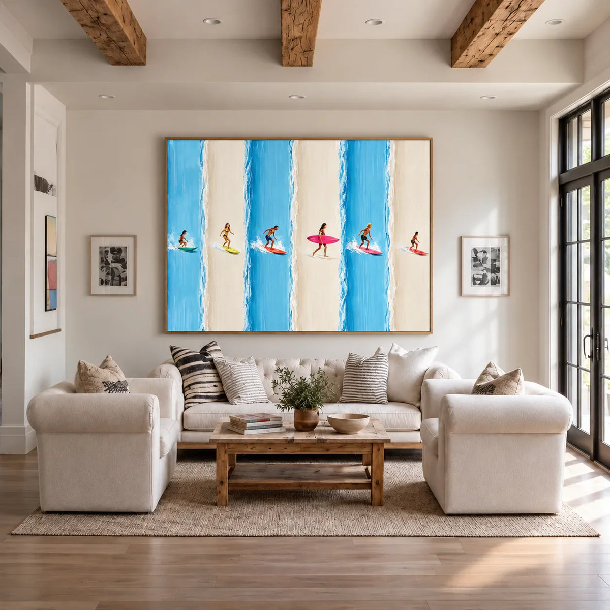 Six Surfers across Blue and Cream Stripes Wall Art styled interior scene 5 | Olyrel