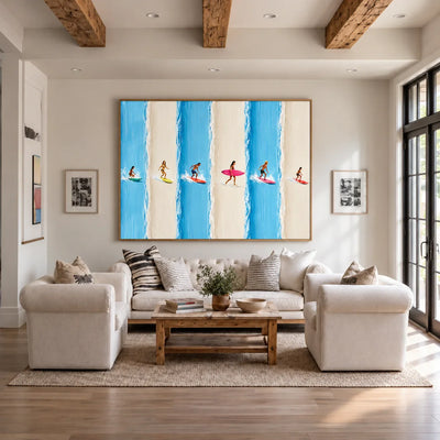 Six Surfers across Blue and Cream Stripes Wall Art styled interior scene 5 | Olyrel