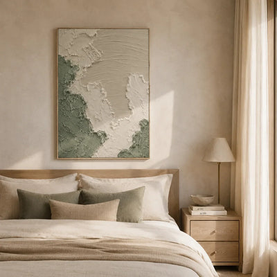 Sage Relief Textured Wall Art shown in a calm bedroom setting | Olyrel