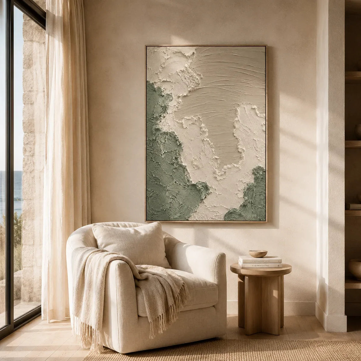 Sage Relief Textured Wall Art styled in a contemporary entryway | Olyrel