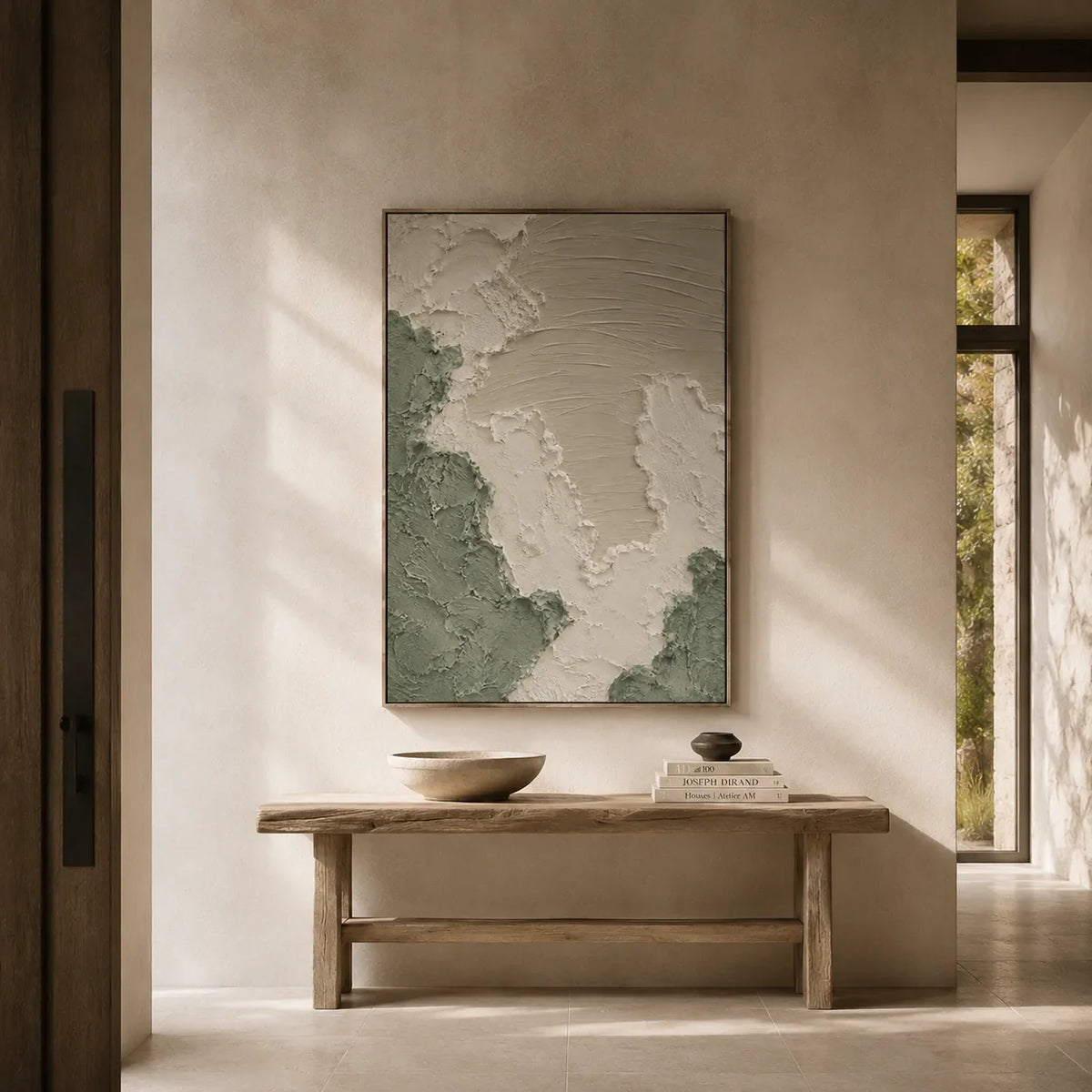 Sage Relief Textured Wall Art displayed in a bright dining room | Olyrel